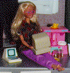 Plaatje hacker-Barbie, met computertje op schoot